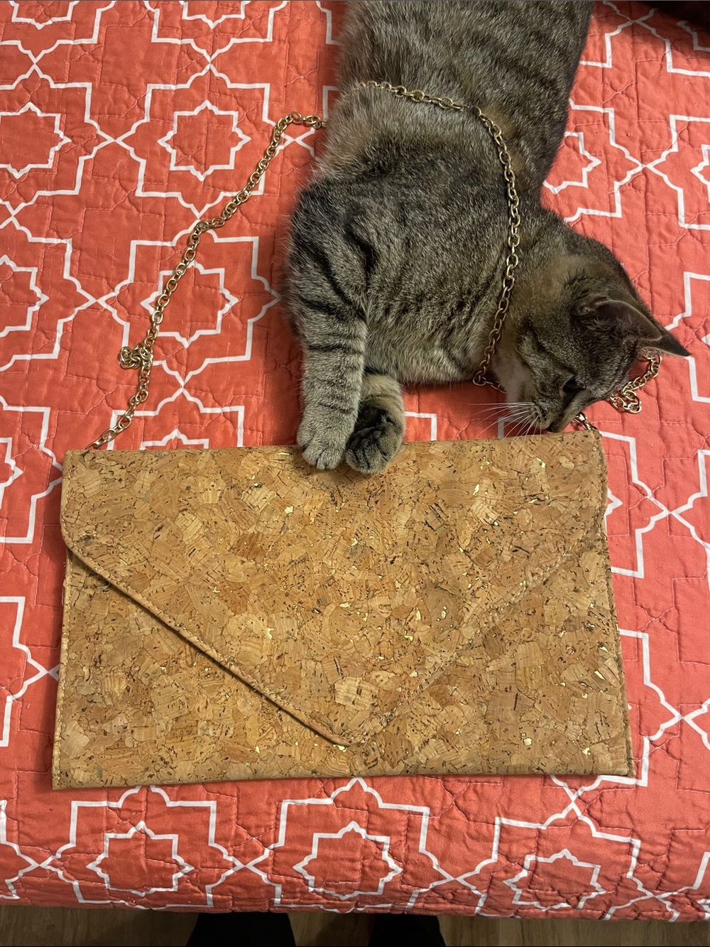 Cork Envelope Clutch with Gold Chain